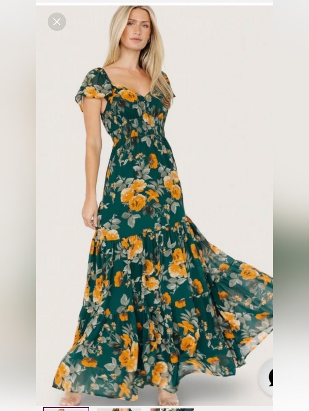Baltic Born Flutter Sleeve Tiered Green Deep Topaz Fall Floral V Neck Maxi Dress